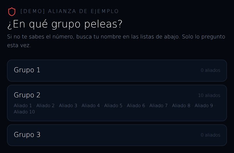 Pantalla que pregunta en qué grupo peleas, con los tres grupos y los nombres de cada uno