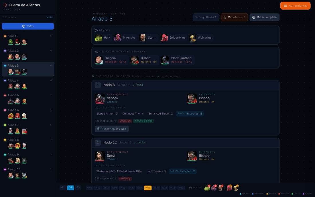 Pantalla Mi guerra con los baneos arriba, el equipo de 3 y la lista de peleas en orden