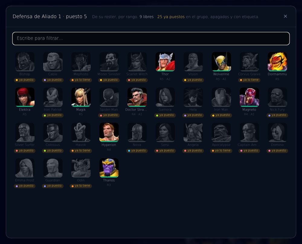 Selector de campeón con los ya puestos apagados y etiquetados